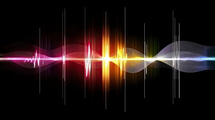 Poster - A digital visualization of sound waves, depicted as a series of abstract peaks and valleys, with glowing lines and a reflective surface