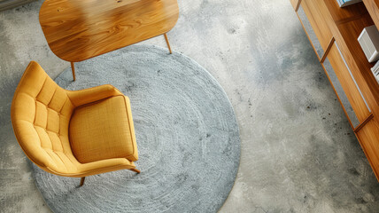 Wall Mural - Yellow chair and wooden table in a cozy modern living space top view