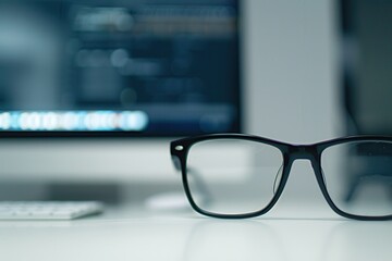 Aufkleber - Black eyeglasses rest on a white desk in front of a computer monitor with a blurred screen. Generative AI