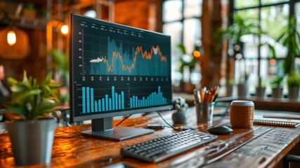Poster - A computer screen displaying a financial graph with blue and orange lines and bars sits on a wooden desk in a casual work setting.