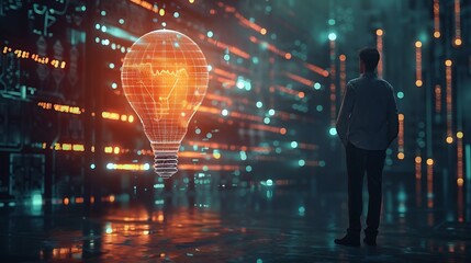 Wall Mural - man with glowing lightbulb for Futuristic innovation technology concept.