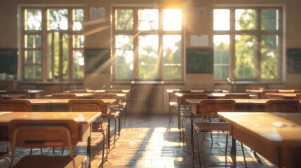 Poster - blurred elementary classroom interior bathed in warm natural light empty desks and chairs create a nostalgic atmosphere evoking memories of childhood education