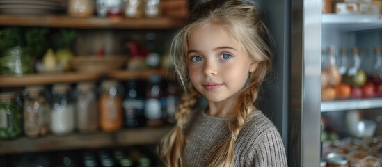 Wall Mural - Young Girl Standing in Front of a Refrigerator