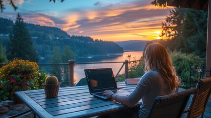 Female work on a computer at vacation house with scenic view