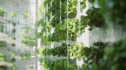 Poster - A vertical hydroponic farm growing leafy greens is shown in detail. Water is flowing down through the stacked plants, providing nutrients.