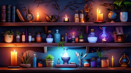 Friendly witches' kitchen, potions and spells, flat design illustration