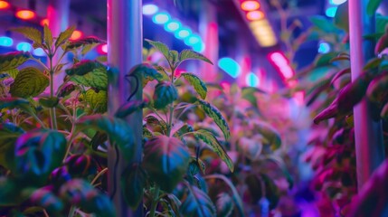 Poster - Close-up of plants growing under a series of artificial lights in a vertical farm.