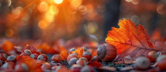 Poster - Autumnal Forest Floor with Acorns and a Single Leaf