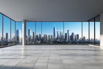 Poster - A concreted room with large floor-window with modern city skyline as a background