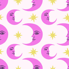 Wall Mural - bright fuchsia color crescent moon and yellow stars on a light background. seamless vector moon patt