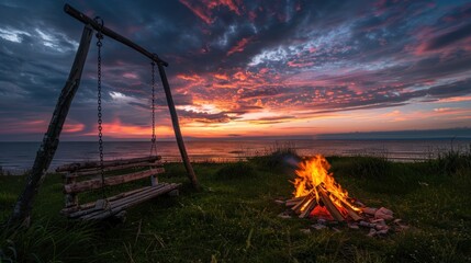 Canvas Print - Sunset Bonfire by the Sea