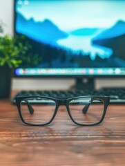 Wall Mural - Black eyeglasses are sitting on a wooden desk in front of a computer screen displaying a blurry image of mountains and a lake. Generative AI