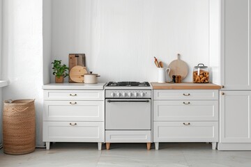 white kitchen interior with built in oven and stove