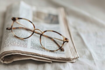 Aufkleber - A pair of tortoise shell eyeglasses rests on a folded newspaper. Generative AI
