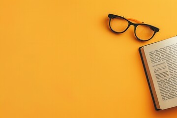 Aufkleber - A pair of black-framed glasses lays next to an open book on a yellow surface. Generative AI