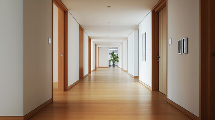 Wall Mural - Modern minimalist hallway with wooden flooring, white walls, natural lighting, large windows, and potted plants.