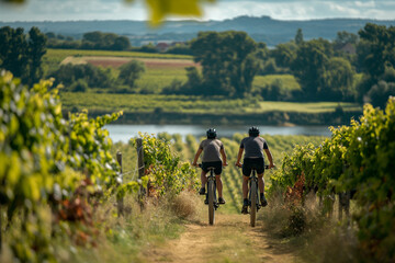 Wall Mural - Couple cycling through vineyard