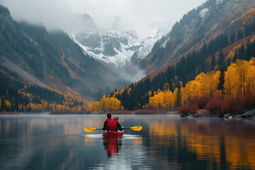 Canvas Print - Couple kayaking on serene mountain lake