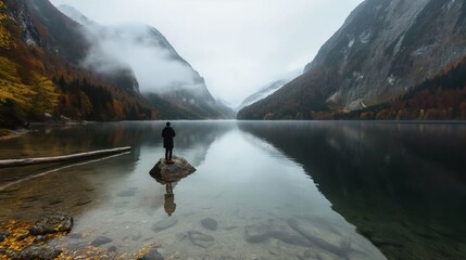 Sticker - Person standing on a rock in a calm lake surrounded by foggy mountains and autumn forest, with reflections in the water