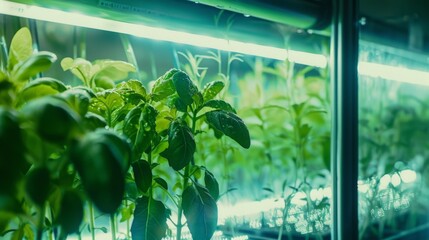 Aufkleber - Green leafy plants grow under artificial lights in an indoor garden.