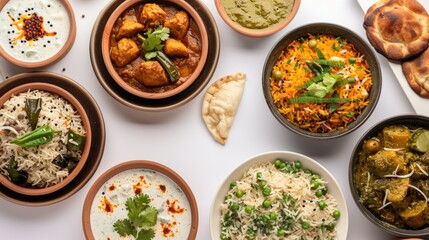 Wall Mural - Photo of Indian food in ceramic bowls on a white background