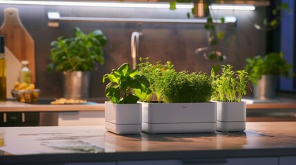 Poster - Fresh herbs growing in white planters on a kitchen countertop.
