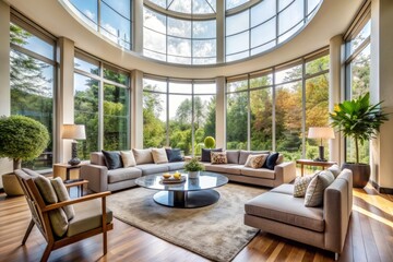 Wall Mural - Modern living room with stylish furniture and large circular windows filtering in natural light.