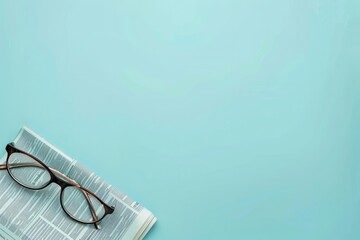 Aufkleber - A folded newspaper with a pair of glasses sitting on top rests on a light blue background. Generative AI