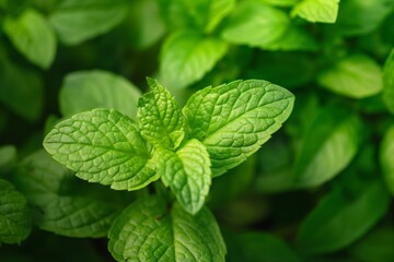 This close-up image highlights the fresh green mint leaves thriving in a lush garden, showcasing their natural beauty.