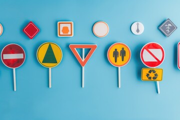 photo of various traffic signs on light blue background