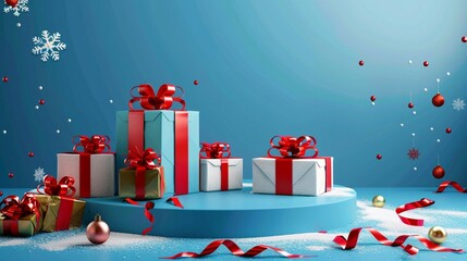 Wall Mural - festive holiday scene with colorful gift boxes adorned with red ribbons on a blue circular platform,