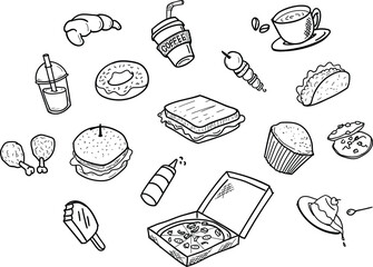 Set of hand drawn fast food and dessert doodle objects icons	
