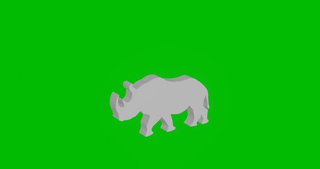 Poster - Animation of rotation of a white rhinoceros symbol with shadow. Simple and complex rotation. Seamless looped 4k animation on green chroma key background