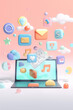 © Sarawut - Floating online product icons from a laptop screen, highlighting multi-channel marketing, 3D animation render,