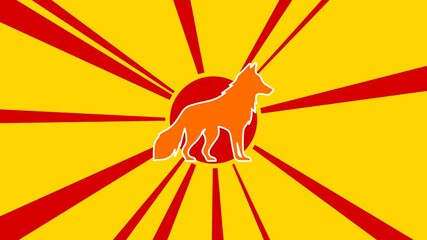 Poster - Wolf symbol on the background of animation from moving rays of the sun. Large orange symbol increases slightly. Seamless looped 4k animation on yellow background