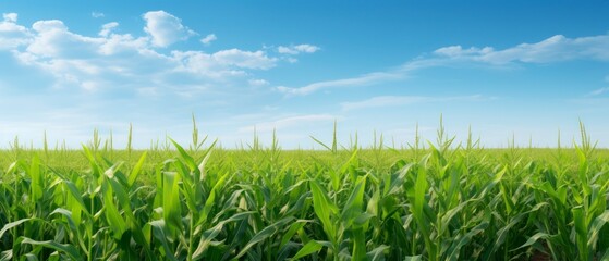 Wall Mural - Green corn field and blue sky with white clouds.