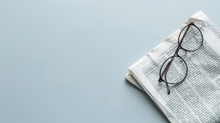 Poster - A pair of glasses rests on top of a folded newspaper, positioned on a light blue surface. Generative AI