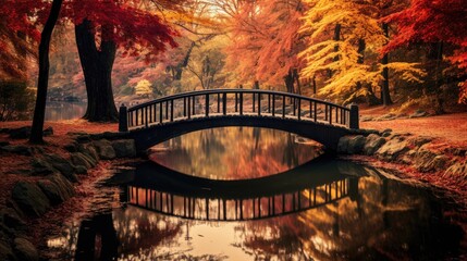 Poster - a serene lake bridge surrounded by a fall forest