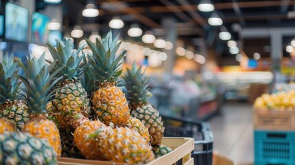 Fresh pineapples for sale in fruit grocery store