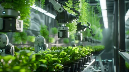 Aufkleber - Robotic arms tend to rows of plants in a futuristic greenhouse setting. The arms are equipped with cameras and sensors, while the plants are growing in a controlled environment.