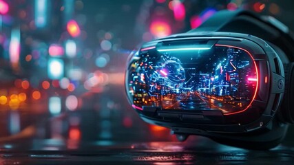 Poster - A standalone VR headset displaying a futuristic city with glowing lights and a digital map overlay on the lenses.
