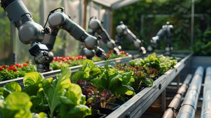 Fototapete - A close-up of a robotic arm tending to a row of plants in a greenhouse. The arm is spraying water onto the plants, which are growing in rows along a metal frame.