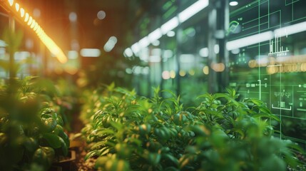 Poster - Lush green plants are illuminated under artificial grow lights in an indoor farm setting. A digital display in the background shows graphs and data, suggesting advanced technology and monitoring.