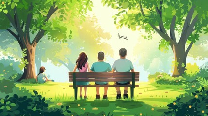 couple sitting on bench with theyr frinds cartonic pic 