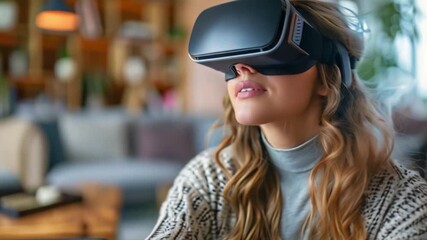 Poster - A woman wearing a VR headset sits in a home office, looking through a virtual world for her client's project.