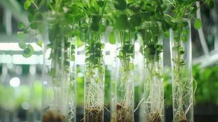 Poster - Close-up of plants with roots growing in clear glass test tubes in a laboratory setting.