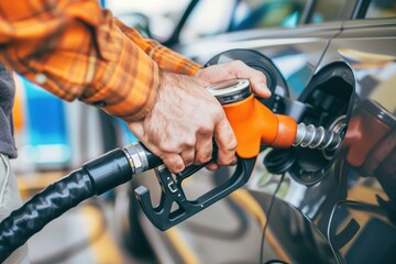 Man pumping gasoline fuel in car at gas station