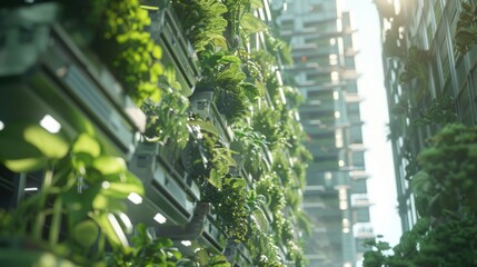 Aufkleber - A vibrant vertical garden grows on a modern building, with a second building visible in the background.