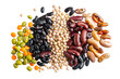 © Oratai - Different types of beans such as kidney beans, black beans, pinto beans, and chickpeas, isolated on white background.