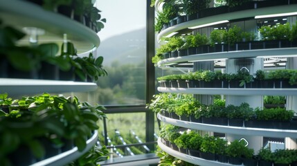 Poster - A vertical farm with rows of plants growing in a circular pattern. The farm is located in a modern building with large windows, providing natural light for the plants.